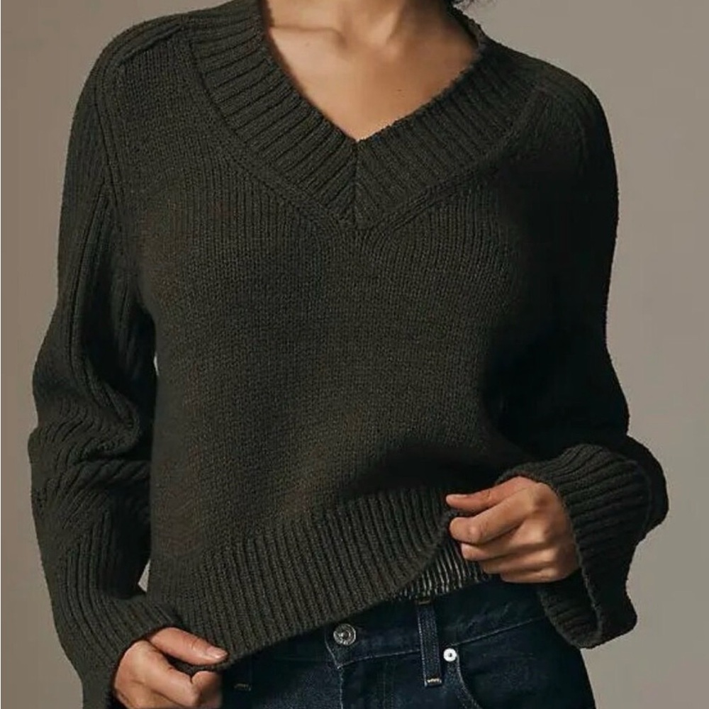 Anthropologie V-Neck Sweater with bell sleeves- Dark Green